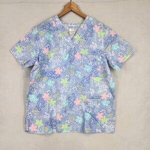 Simply Basic Flower Print Scrub Top Size M Super Soft Blue Medical Nursing